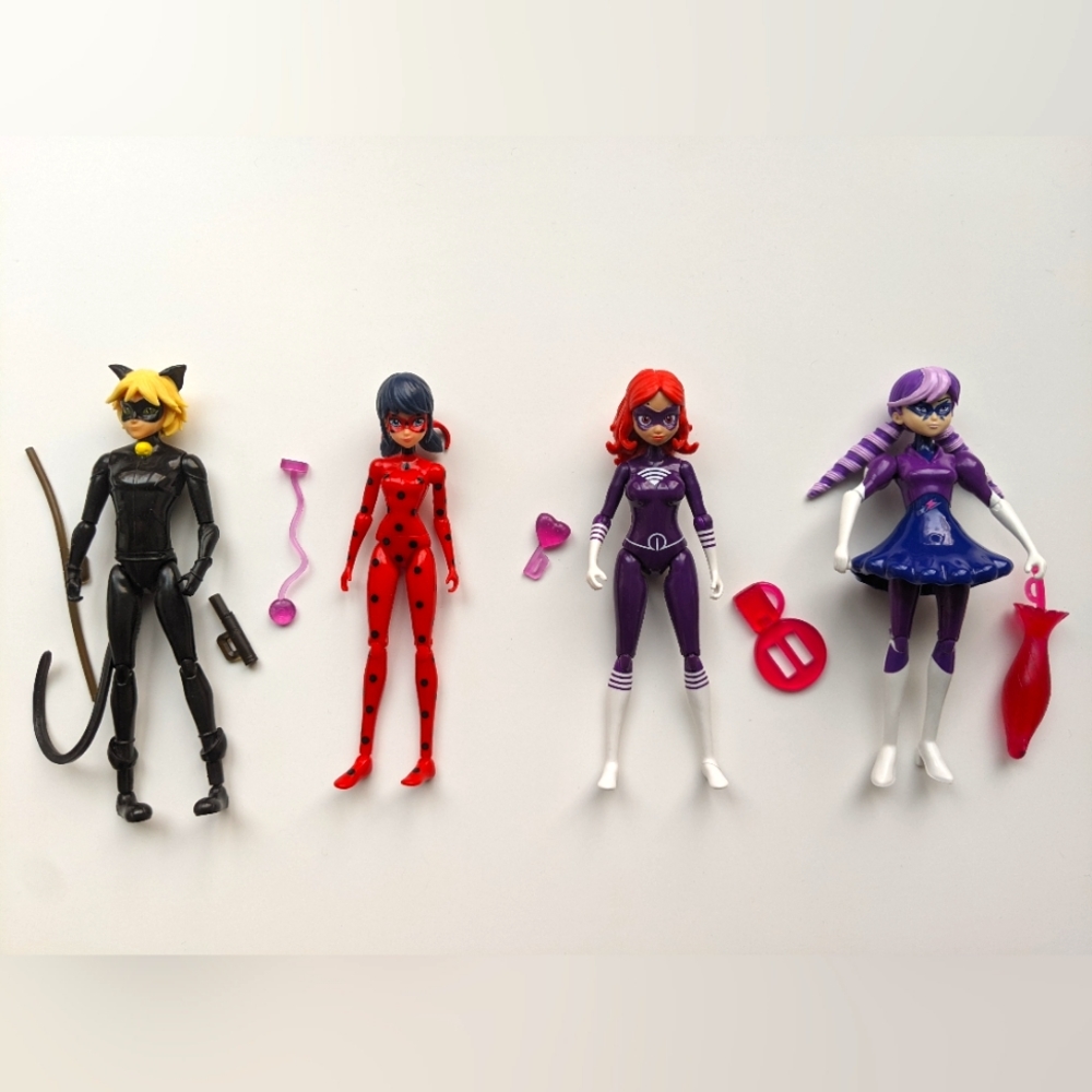 Set of 4: Miraculous Paris Action Figures, *Used* Ladybug & CatNoir & 2 Villains